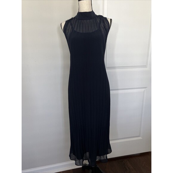 NWT Banana Republic Pleated Sleeveless Midi Dress Navy Mock Neck Small Petite - Picture 1 of 9